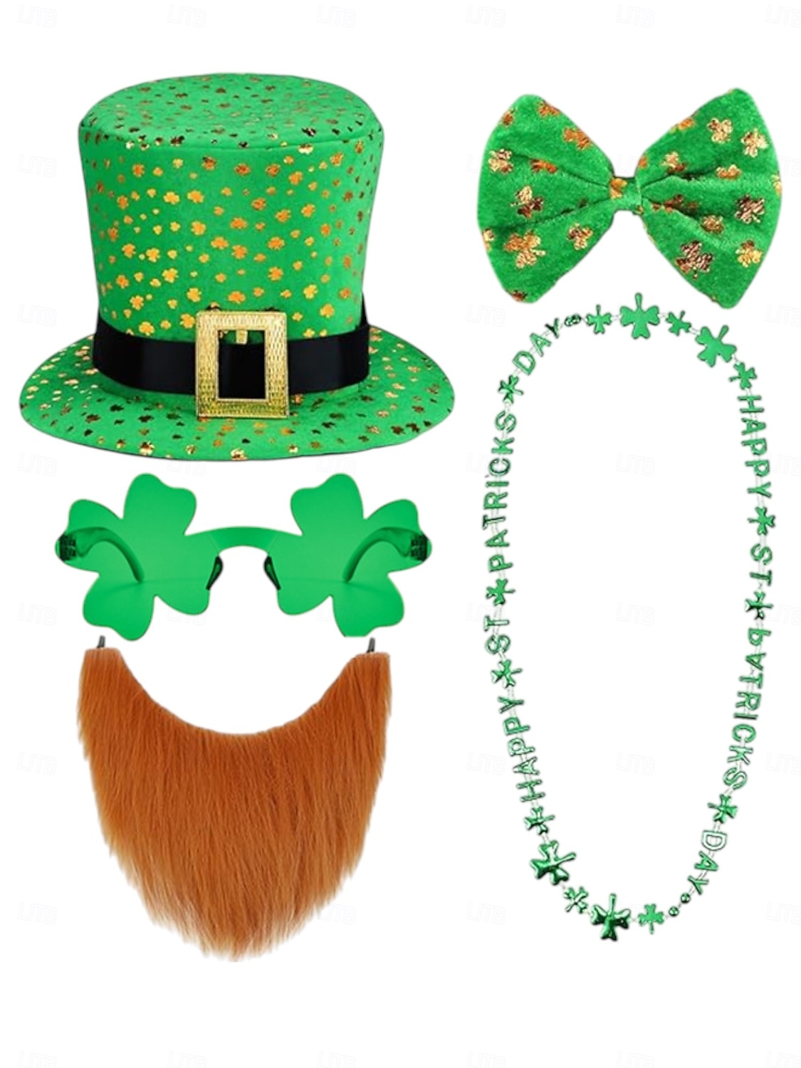 2026年 男性用聖パトリックの日のコスチュームセット - 緑のレプラコーンの帽子、蝶ネクタイ、ひげ、シャムロックのメガネ &お祝いの休日にぴったりのネックレス  コレクション – $19.99 –P1