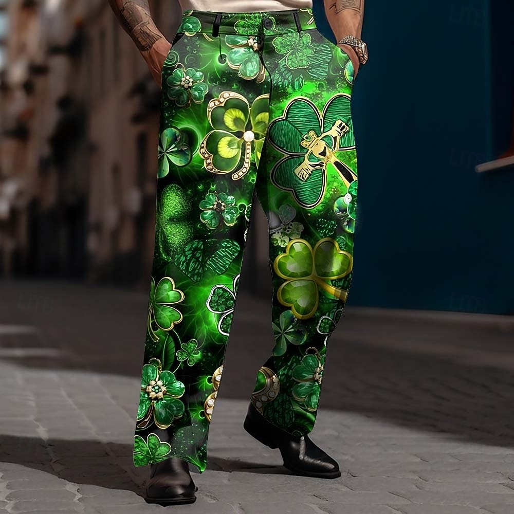 St. Patrick's Day Men's Four Leaf Clover Shamrock Neon Glow Trousers Dress Pants Suit Pants Mid Waist Fashion Casual Holiday Relaxed Fit Flat Front Dress Pants with Side Pockets Spring Fall 3D Print 2026 - $31.99 –P4