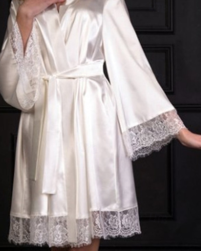 Dam Morgonrock Ledigt Mjukt Satin Ren färg Spets Dagligen Hem Säng Långärmad V-hals Silver Svart Vit Rodnande Rosa Vin Sommar Vår Lös passning 2026 - $11.49 –P3