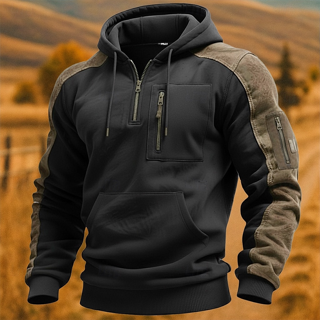 Voor heren Trui met capuchon Hoodie met kwartrits Tactische capuchon Zwart Capuchon Effen Halve rits Kangoeroe zak Casual Dagelijks Sport & Outdoor Stoer Sportkleding Casual Lente & Herfst Kleding 2026 - $39.99 –P1