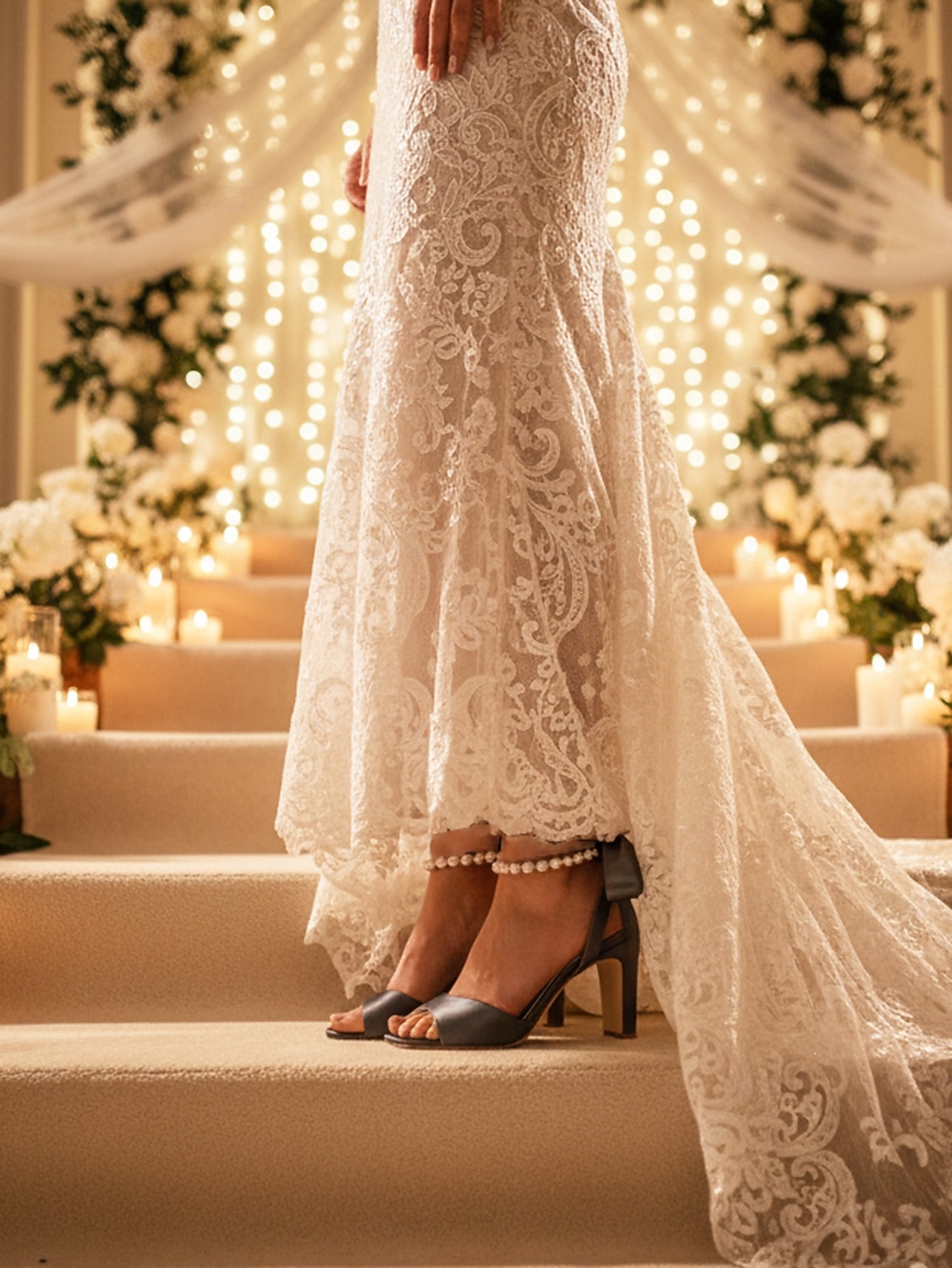 Damskie fioletowe satynowe szpilki ślubne z perłowym paskiem wokół kostki i kokardką, eleganckie sandały ślubne z odkrytymi palcami dla panien młodych, luksusowe buty na wysokim obcasie do ceremonii 2026 - $59.99 –P4