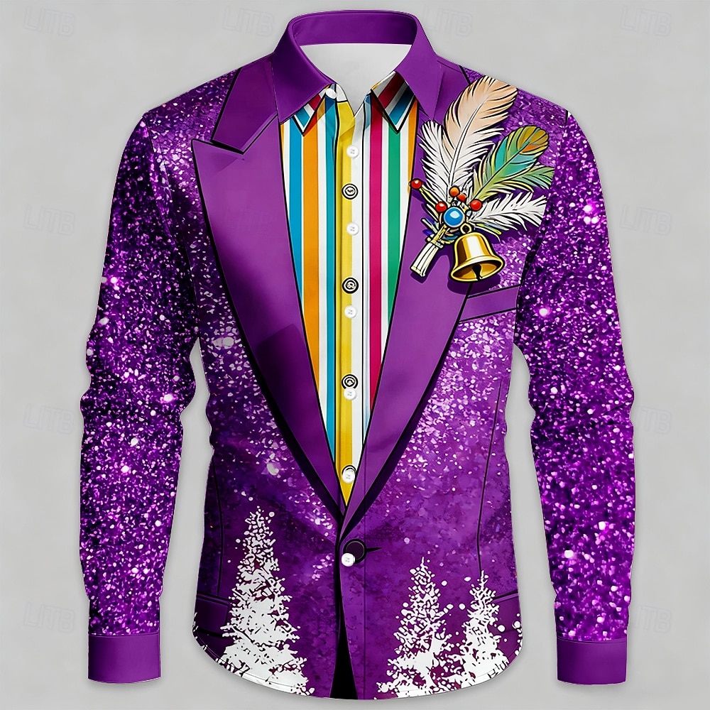 2026年 マルディグラ 男性用 グリッター素材 カーニバル フェイクカラーとスーツデザイン シャツ ボタンアップシャツ 長袖 ファッションカジュアル パーティー 祝日 春 秋 折襟 3Dプリント 襟付きシャツ パープル  コレクション – $27.99 –P1