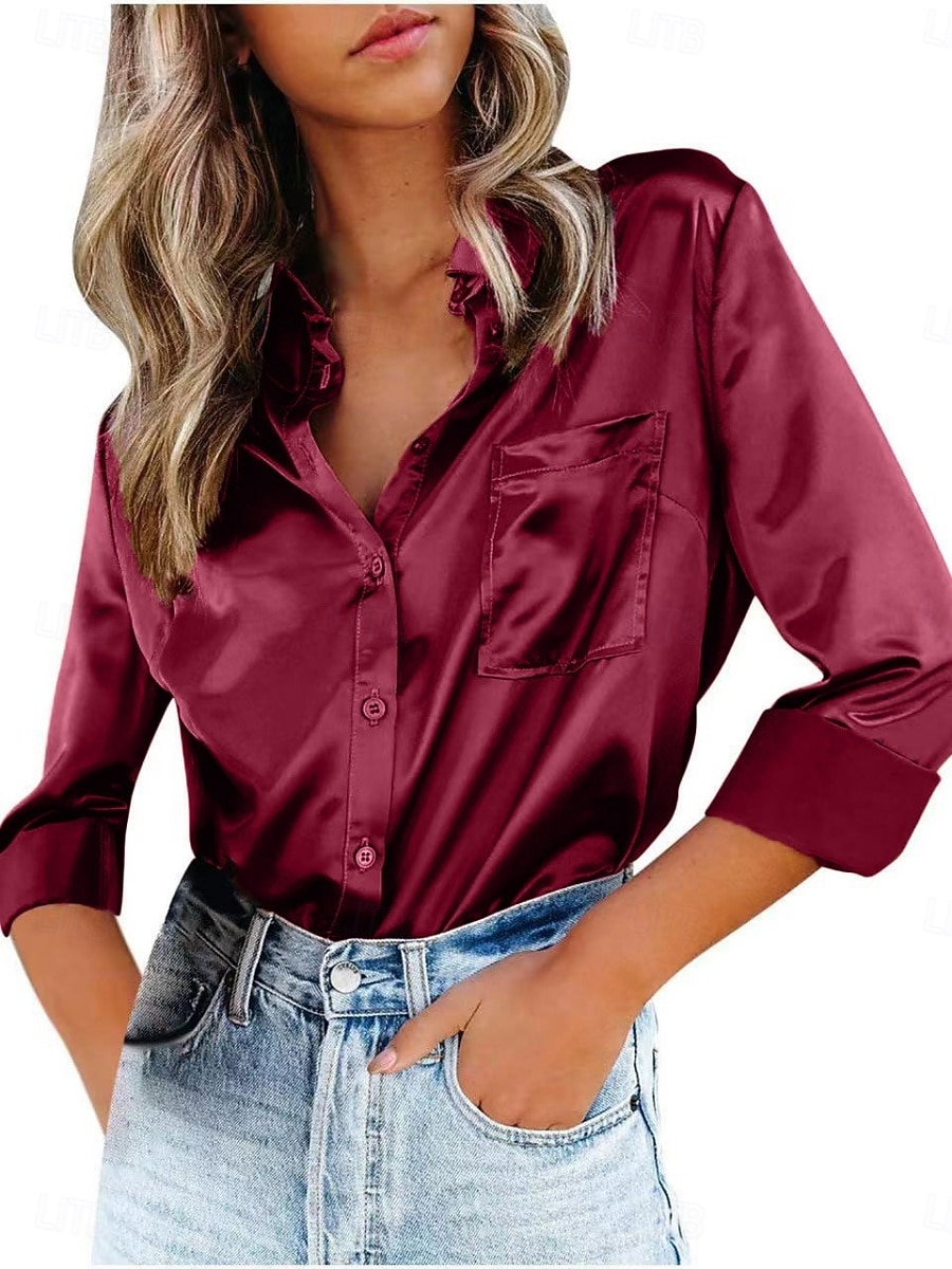 Mulheres Blusa Botões Côr Sólida Elegante Diário à moda Manga Longa Colarinho de Camisa Tops regulares Diário Azul Preto Branco Vinho Bege Verão Outono de 2026 por $24.99 –P2