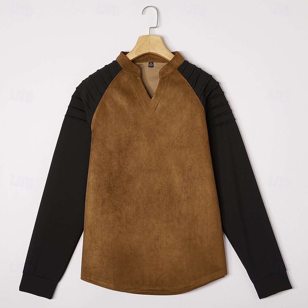Pánské tričko s dlouhým rukávem z imitace semiše, výstřih do V, vrásněný design, skladané topy, podzim/zima, barevné bloky, vintage, denní, retro, nabírané, barevné bloky, outdoor, street, ležérní, modrá, hnědá, khaki 2026 - $29.99 –P10