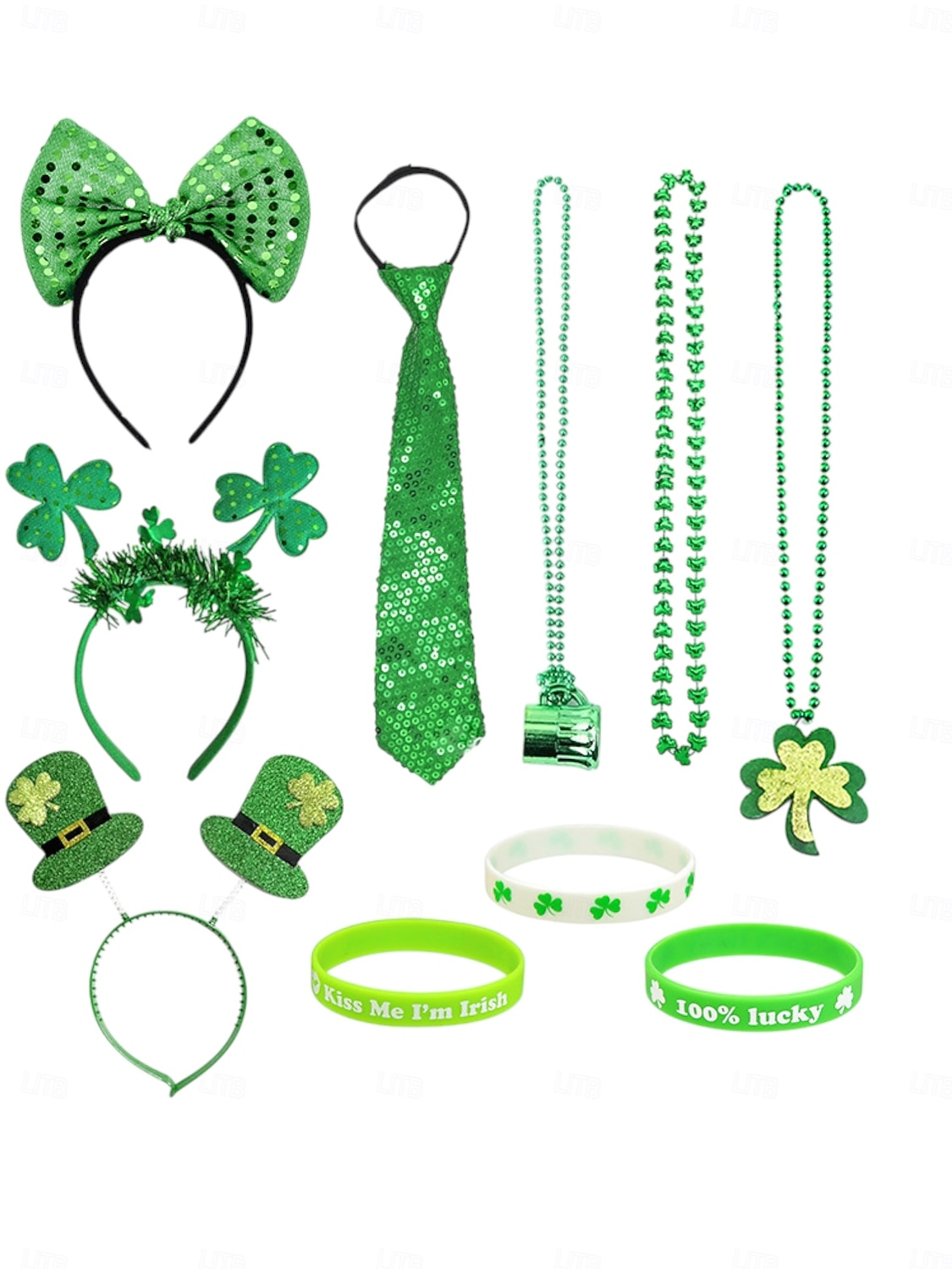 Conjunto de acessórios femininos com lantejoulas verdes para o Dia de São Patrício – inclui tiara com laço, brincos, gravata, pulseiras e muito mais para as comemorações festivas. de 2026 por $19.99 –P1