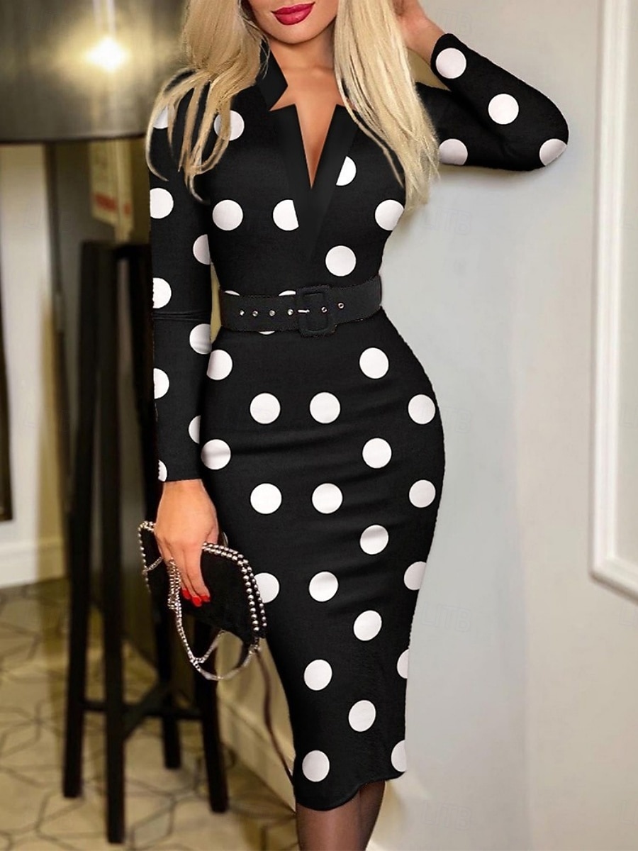 Damen Midikleid Figurbetontes Kleid Formell Halbformelle Kleider Büro Normale Passform Grafik Geometrisch Tupfen Langarm V Ausschnitt Schwarz Weiß Rote Khaki Frühling Herbst 2026 - $26.99 –P1
