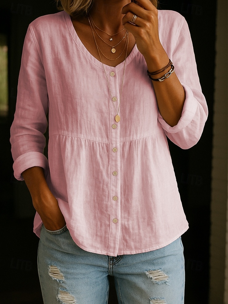 Blusa de Algodón y Lino para Mujeres Botones Color Sólido Elegante Casual Manga Larga Cuello en V Tops Regulares Diario Blanco Amarillo Rosa Verde Verano Primavera Otoño 2026 - $21.99 –P3