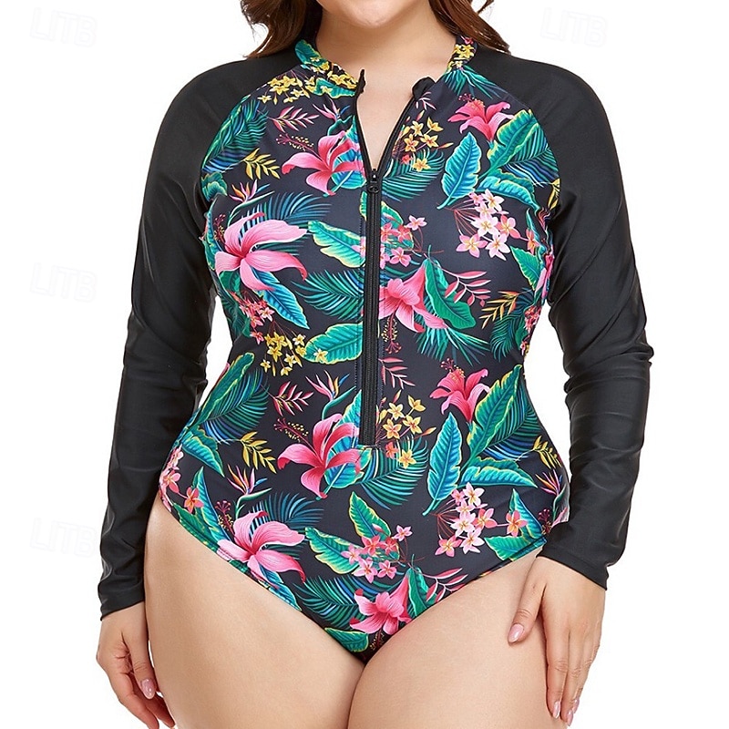 Pentru femei Costum de baie One Pieces Protecție anti-erupții cutanate mărime mare Floral Tropical Inchide fermuarul Protecție UV Elastic Manșon Lung Costume de Baie Surfing Plajă Vacanță Vară 2026 - $27.99 –P2