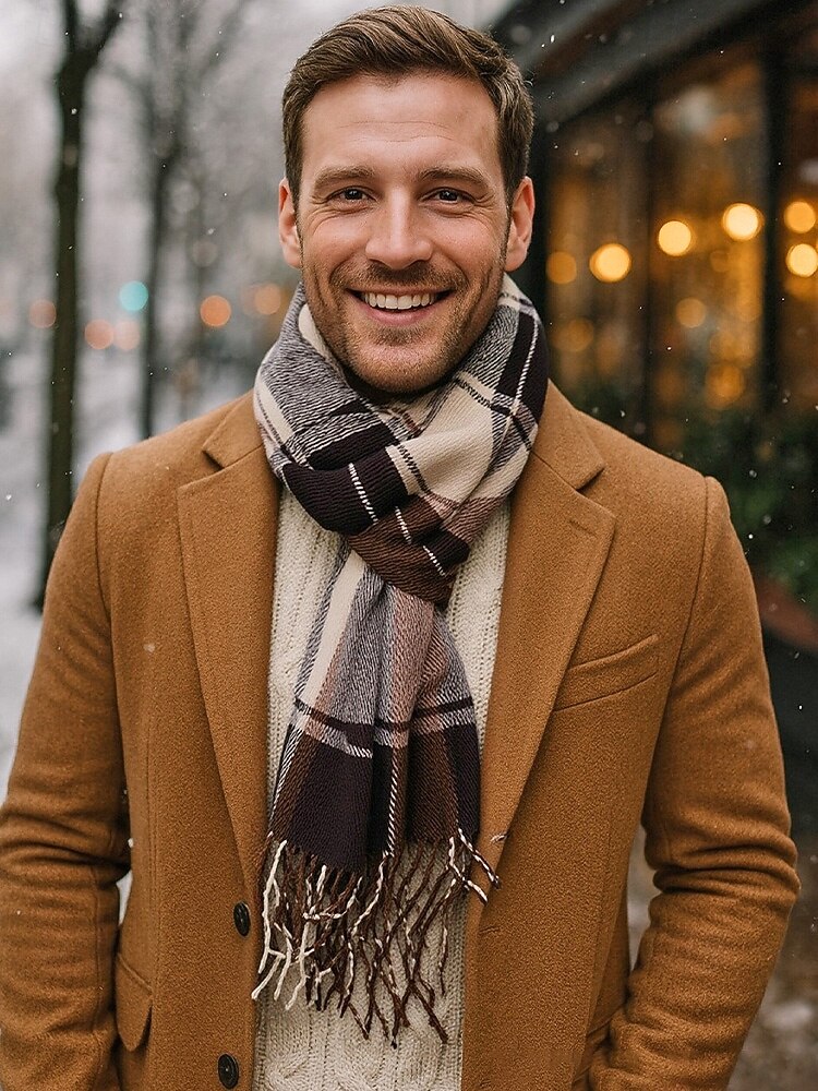 Miesten villajäljitelmäpolyesterihuivi, ruudullinen kuvio, useita värejä, täydellinen lahjaksi 2026 - $14.99 –P2