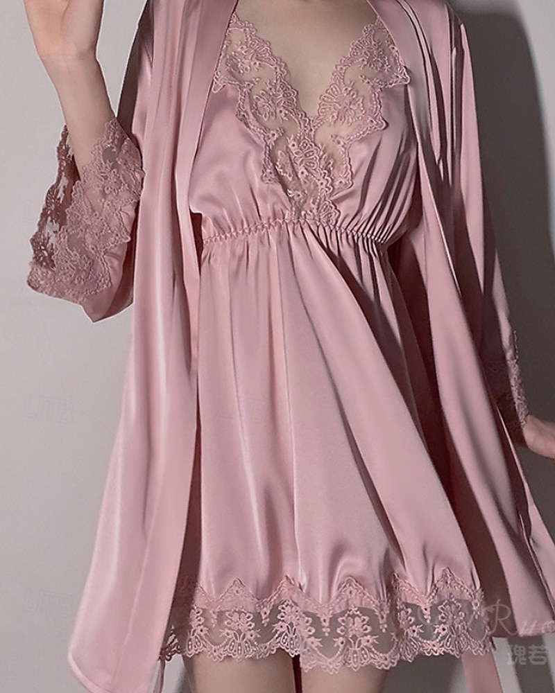 Femmes Robe Chemise de Nuit Ensemble Pyjama Occasionnel Doux Satin Couleur Unie Dentelle Robes Quotidien Maison Lit manche longue Bretelles Noir Blanche Rose Claire Vin Marron Été Coupe régulière de 2026 ? $24.99 –P1