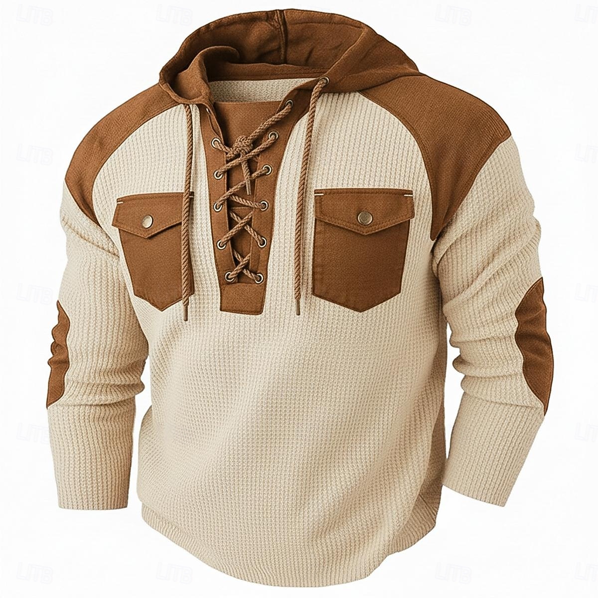 Herren Waffel T-Shirt T Shirt Waffel-Henley-Hemd Herrenhemden mit Ellbogenflicken Langarm Mit Kapuze Schnürhals Herbst Winter Frühling & Herbst Einfarbig Traditionell / Vintage Lässig Kordelzug 2026 - $26.99 –P7