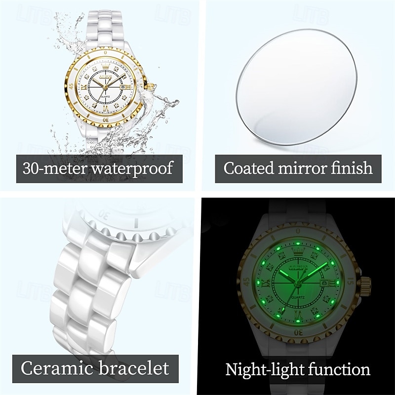 2026年 新しいOlevsの母の日ギフトは、ルミナス針とデジタル表示のホワイトセラミック 韓国版学生用クオーツ時計カジュアル防水腕時計のファッショナブルで高級な時計です  コレクション – $61.99 –P8