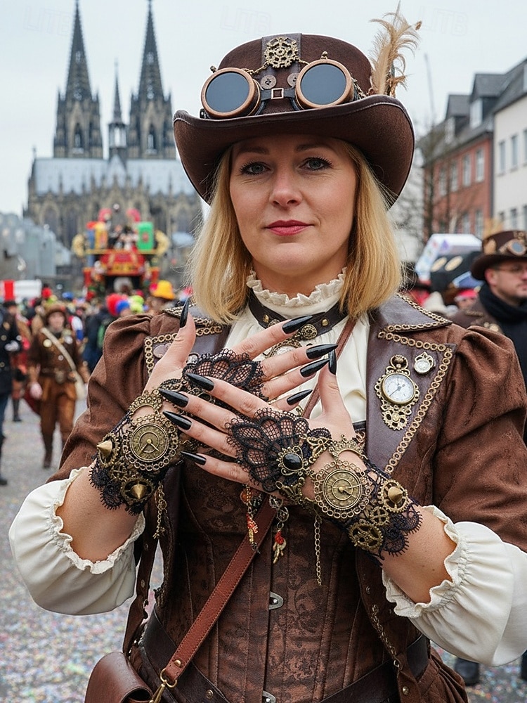 Damenschuhe Mardi Gras Steampunk viktorianische Spitzen-Handschuhe ohne Finger - Legierungs-Uhren- und Zahnräder-Zubehör für Karneval  Halloween-Kostüm 2026 - $14.99 –P3