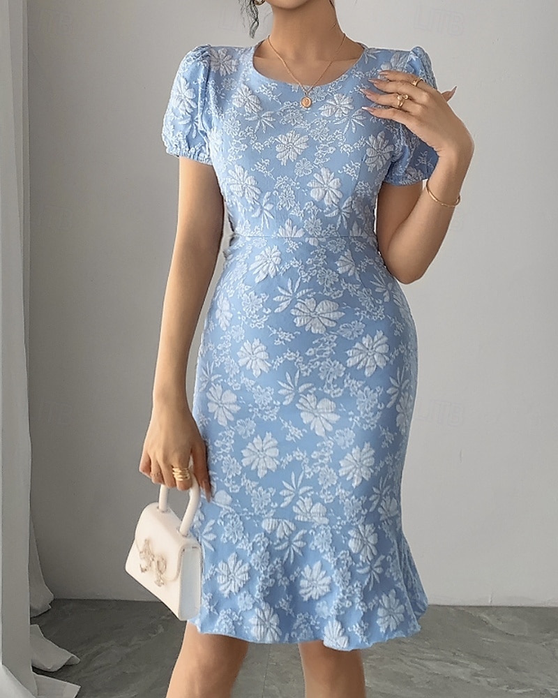 Women's White Lace Bodycon Dress Midi Crew Neck Short Sleeve Regular Fit Flowy Party Spring Summer