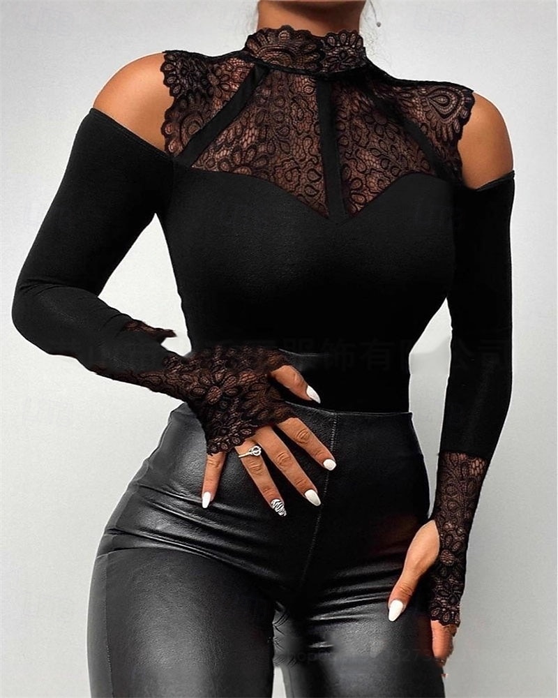 Damen Oberteil mit Spitzenspleiß Sommeroberteile Bluse Elegante Oberteile Gerafft Spitze Patchwork Einfach Elegant Vintage Damen Langarm Hoher Ausschnitt Normale Oberteile Täglich Arbeit Ferien 2026 - $31.99 –P1