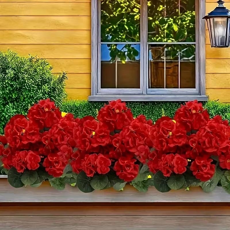 6 větví, kytice z umělých pelargónií odolných proti UV záření, 30 stonků/větví, zářivě červené květy s bujným zeleným olistěním, realistická plastová dekorace do interiéru/venkovního prostředí, 2026 - $25.99 –P4