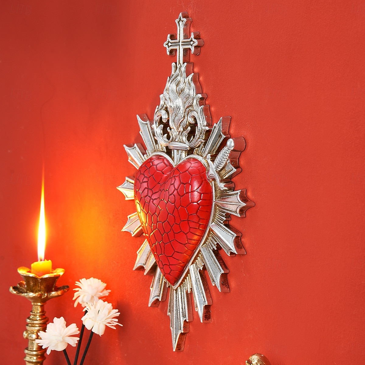 לב קדוש עם חץ לוהט לקישוט קיר, קישוט תלייה דתי בעבודת יד משרף, קישוט קיר רקע בסגנון אירופאי לבית, מלון &אבזרי צילום 2026 - $32.99 –P8