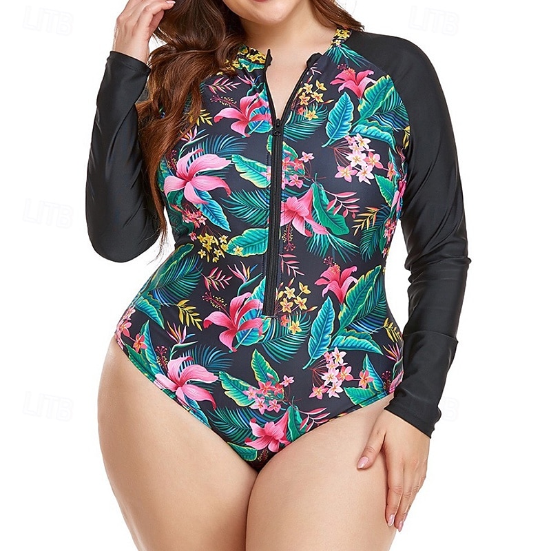 Pentru femei Costum de baie One Pieces Protecție anti-erupții cutanate mărime mare Floral Tropical Inchide fermuarul Protecție UV Elastic Manșon Lung Costume de Baie Surfing Plajă Vacanță Vară 2026 - $27.99 –P4