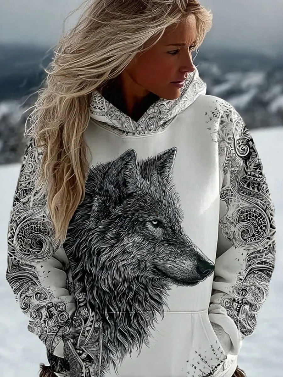 Dámské Mikina s kapucí s kapucí Slátanina Tisk Přední kapsa Grafika Geometrický Etno Vinobraní Na běžné nošení Cikánský Dlouhý rukáv Kapuce Běžné topy ulice Na den Černá Bílá Zima 2026 - $32.99 –P2