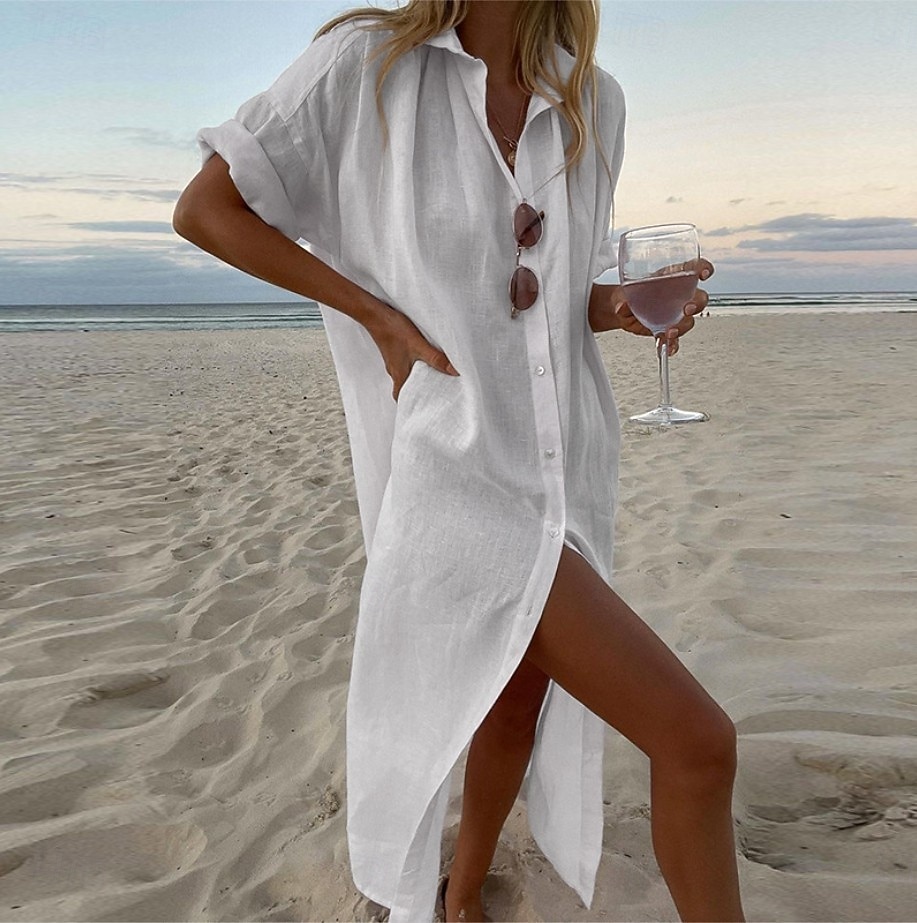 Per donna Abito Midi Vestito Estivo Abito a Tubino Abito Estivo Spiaggia Quotidiano Ferie Vestibilità comoda Semplice Manica Corta Bavero Bianco Rosa Verde Estate del 2026 a $34.99 –P3
