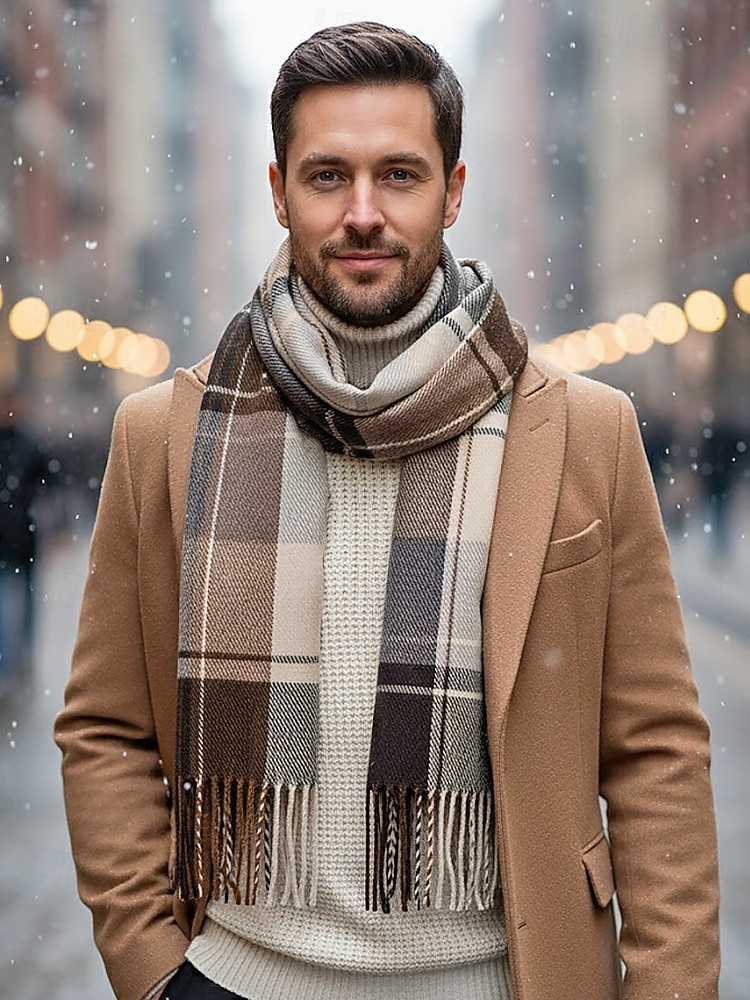 Miesten villajäljitelmäpolyesterihuivi, ruudullinen kuvio, useita värejä, täydellinen lahjaksi 2026 - $14.99 –P3