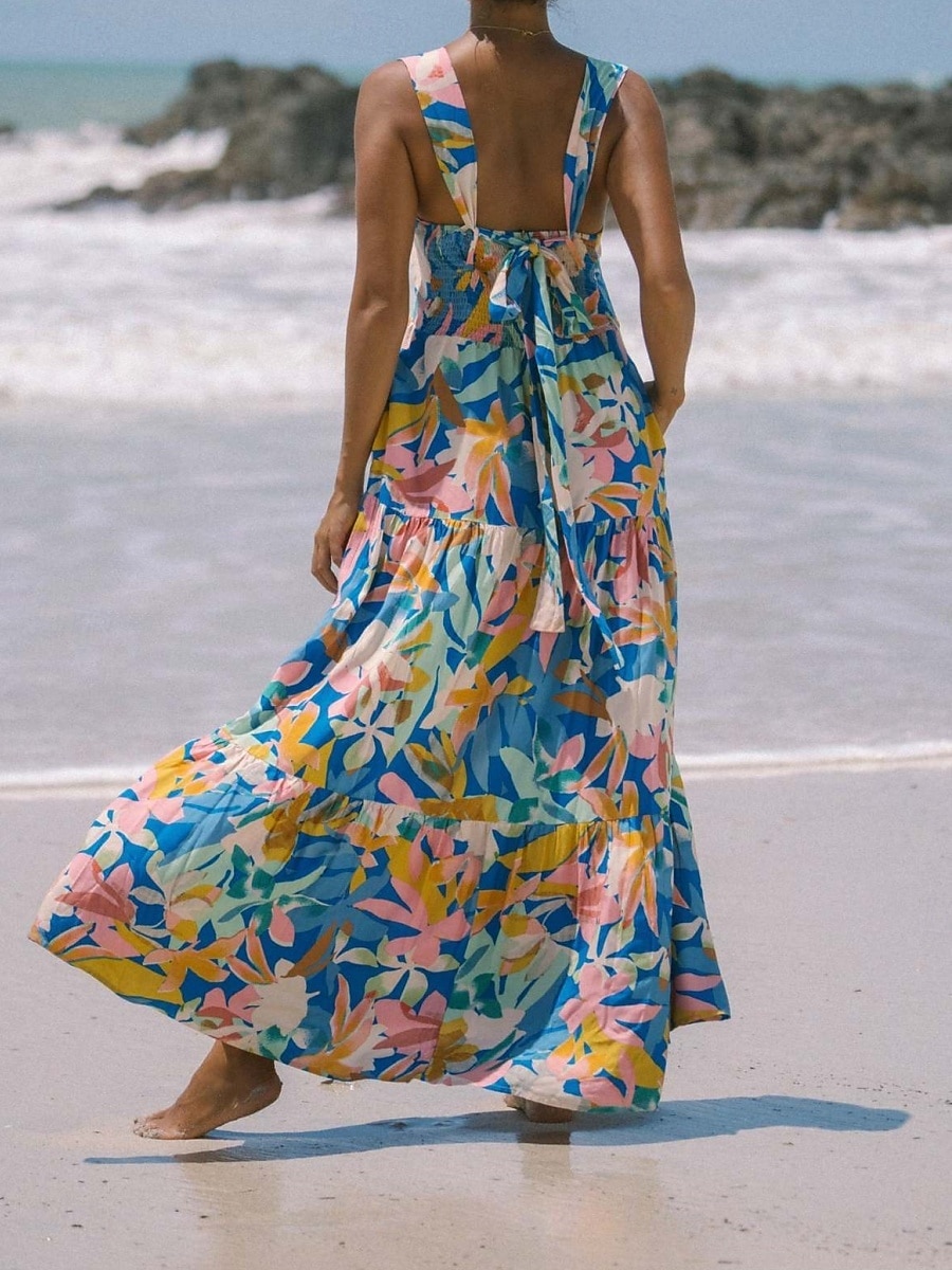 Damskie Sukienka maxi Sukienka A line Sukienka na ramiączkach Urlop Codzienny Na zewnątrz Wyjściowe Luźna Kwiaty Graficzny Bez rękawów Cienkie ramiączka Niebieski Błękit nieba Pomarańczowy Zielony 2026 - $33.99 –P20