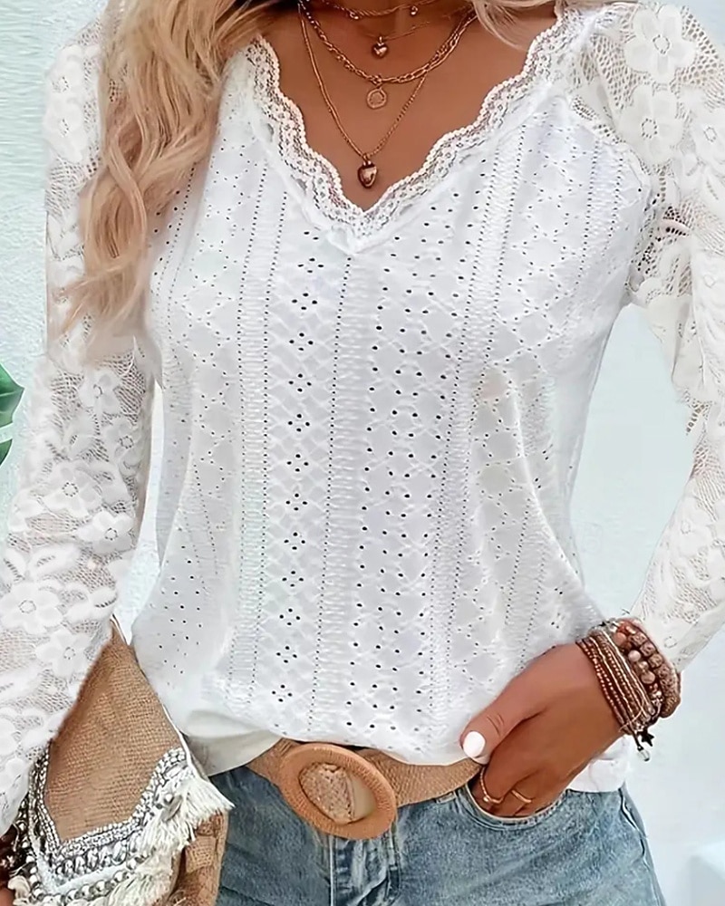 Mulheres Blusa Tops de renda Renda Patchwork Tecido Ativo à moda Manga Longa Decote V Tops regulares Diário Feriado Para Noite Branco Rosa Vinho Azul Claro Verão Primavera de 2026 por $21.99 –P2