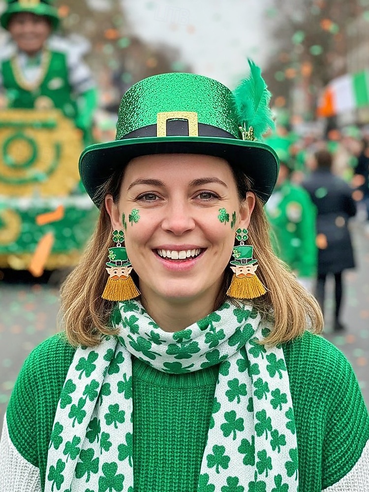 Dámské střapcové visací náušnice ke Dni svatého Patrika, design skřítkového klobouku a trojlístku, výrazné visací náušnice ze slitiny, zábavné sváteční irské párty šperky pro ženy 2026 - $11.99 –P2