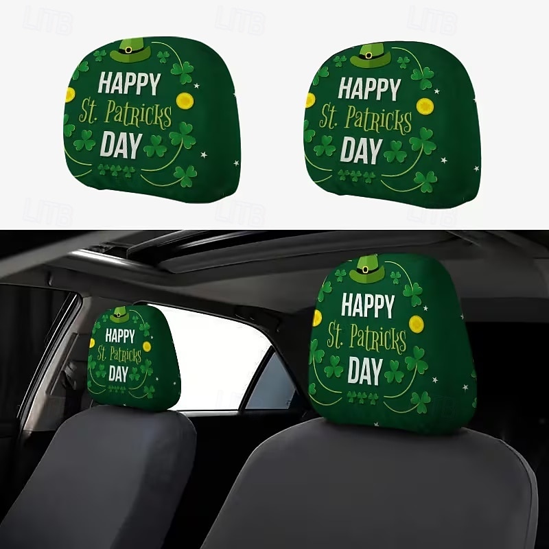 2 capas de encosto de cabeça para carro com trevo verde | compatíveis com todos os veículos, pretas &Adesivo para carro com estampa de trevo verde, design plano 2D, poliéster, fácil instalação - de 2026 por $7.99 –P2