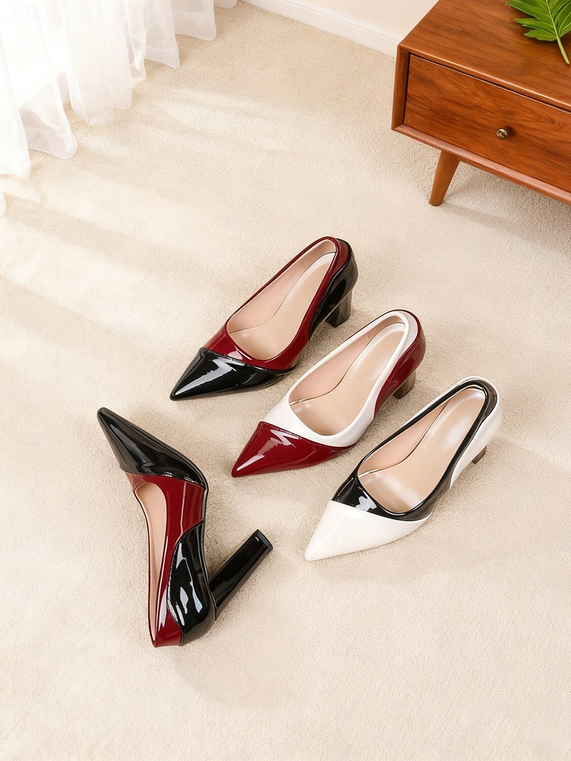 naisten kaksiväriset lakatut tekonahkaiset lohkokorkoiset avokkaat – teräväkärkiset työkengät toimistoon, business casual -käyttöön ja arkikäyttöön 2026 - $46.99 –P1