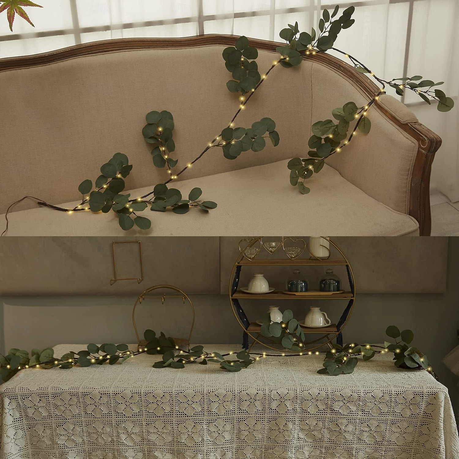 Eucalyptus leaves, olive leaves, simulated leaves, rattan strips, light string, 1.8M-96Leds, AAA waterproof timed battery box, holiday wedding party, indoor and outdoor atmosphere decoration props 2026 - $25.99 –P5