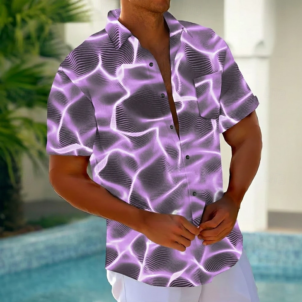 Herren Blitz Abstrakt Neonleuchten Hemd Sommerhemd Knopfhemd Kurzarm Modisch lässig Outdoor Urlaub Alltagskleidung Sommer Frühling Umlegekragen 3D-Druck Hemden mit Kragen Eine Tasche vorne Blau 2026 - $25.99 –P2