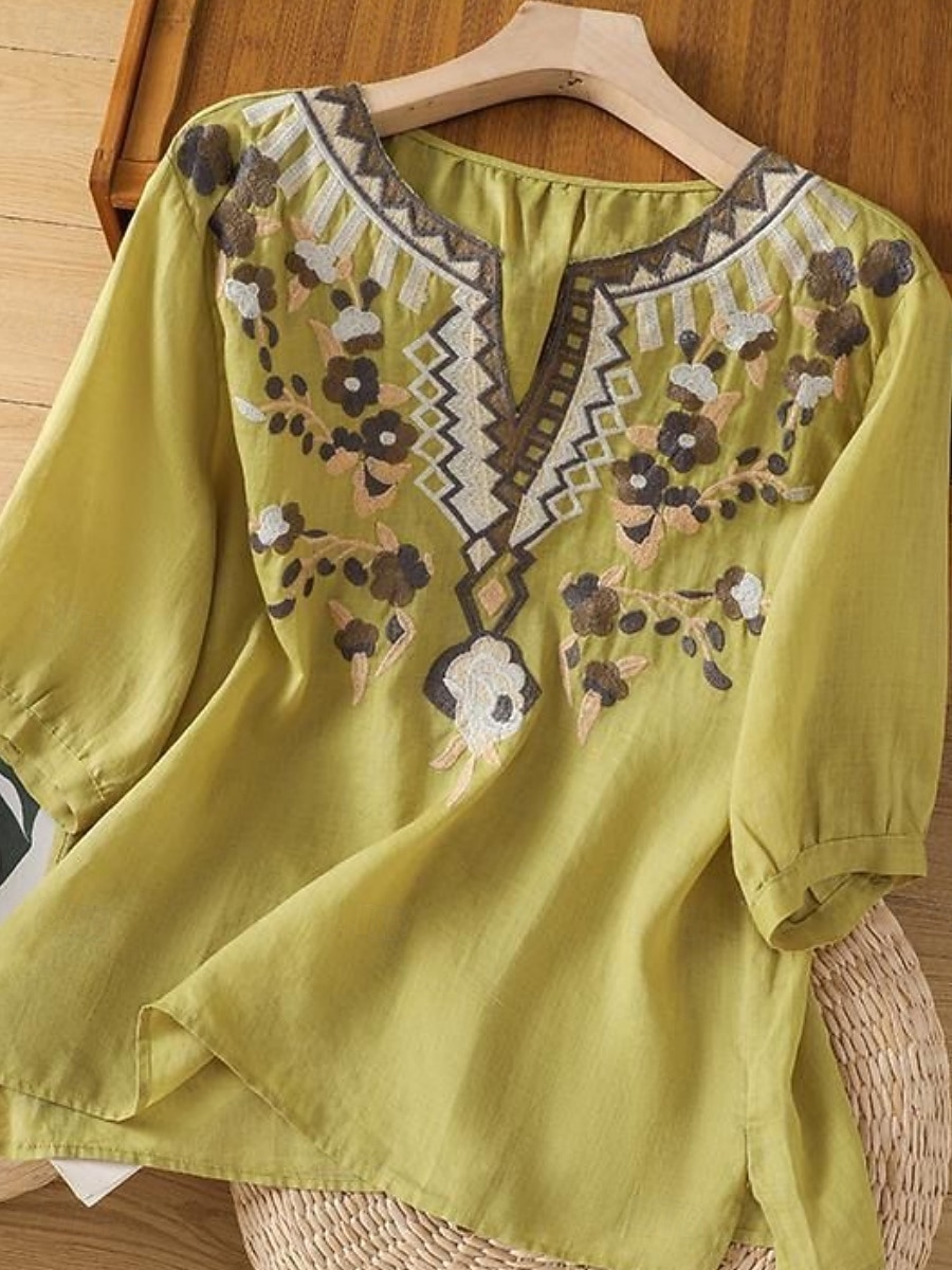 Mujer Blusa Lino de algodón sintético Frunce Bordado Floral Elegante Casual Manga 3/4 Cuello Barco Tops regulares Diario Azul Piscina Blanco Rosa Morado Verde Trébol Verano Primavera 2026 - $19.99 –P7