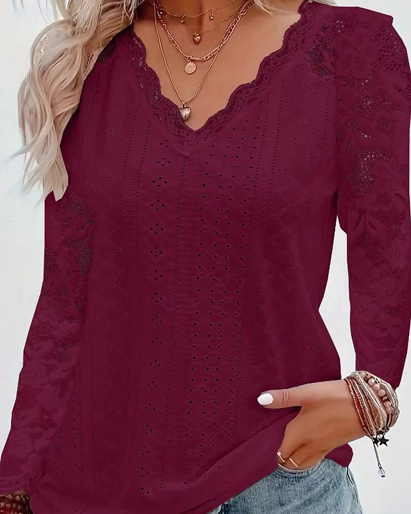 Mulheres Blusa Tops de renda Renda Patchwork Tecido Ativo à moda Manga Longa Decote V Tops regulares Diário Feriado Para Noite Branco Rosa Vinho Azul Claro Verão Primavera de 2026 por $21.99 –P10