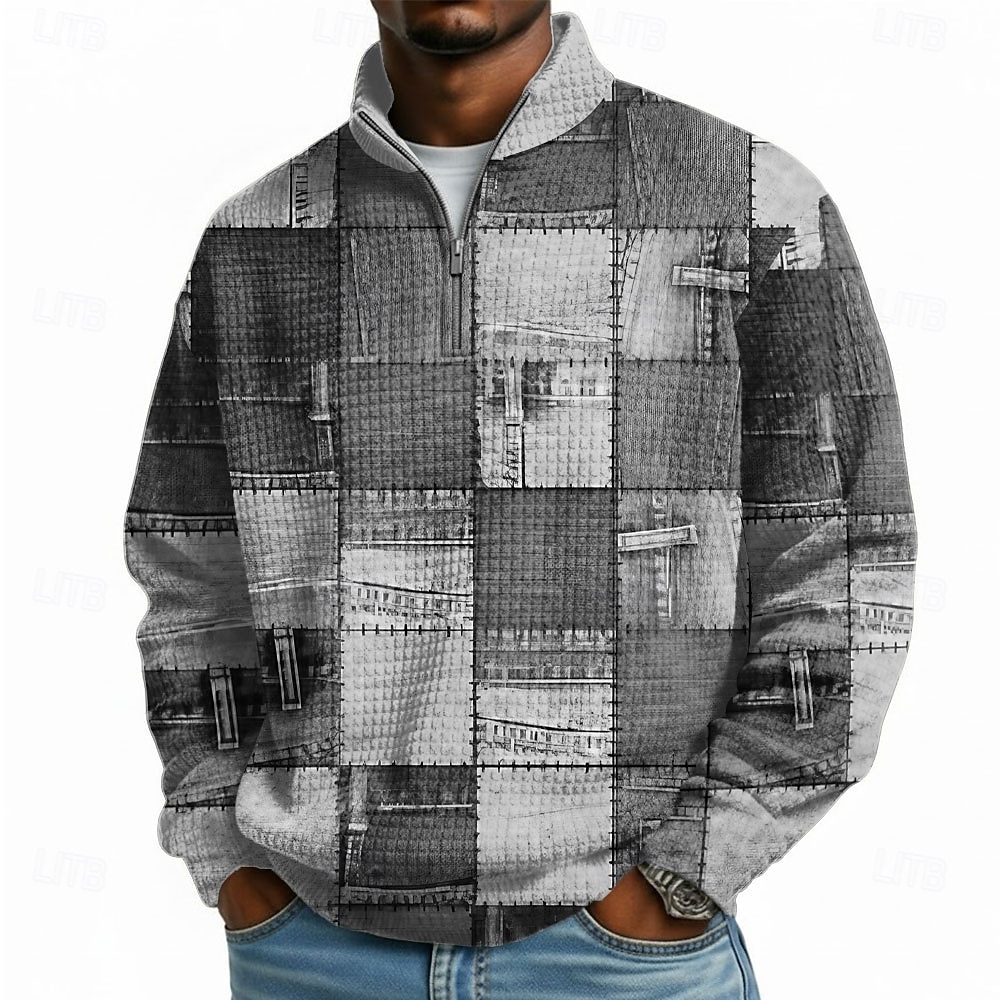Homme Plaid Gauffré Sweatshirt Mode Quotidien Classique Occasionnel Col montant Zip quart Maison Extérieur Bureau Travail Bleu Bleu Clair Violet Marron Gris Zip Up Automne Hiver Designer S M L XL XXL de 2026 ? $32.99 –P5