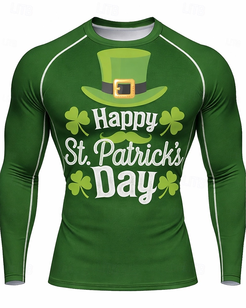 Men's St. Patrick Clover Running T-Shirt Athletic Shirt Gym Shirt Fitness Shirt Spring Fall Long Sleeve Casual Street UV Protection Elastic Athletic Green Sportswear Activewear 2026 - $20.99 –P1