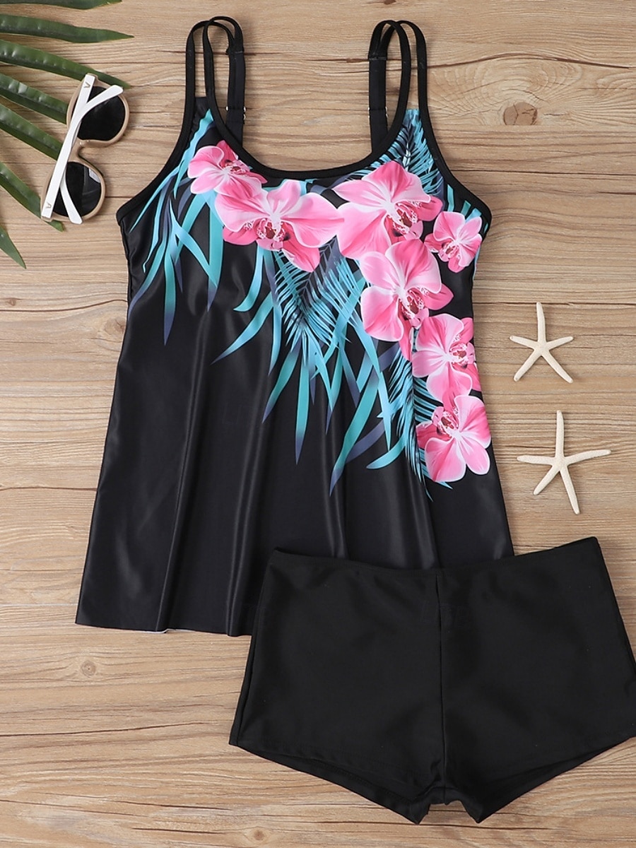 Maillot de bain tankini 2 pièces femme palmiers short contrôle du ventre taille haute slim dos nu vacances plage dégradé géométrique col en U sans manches de 2026 ? $33.99 –P9