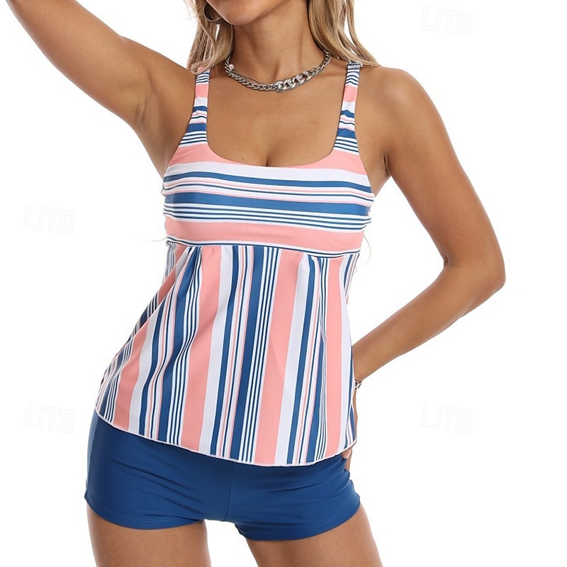 Per donna Costume da bagno Tankini Costume da bagno a due pezzi A righe Controllo della Pancia Elastico Senza Maniche Costume da Bagno Surf Spiaggia Vacanze Estate del 2026 a $18.99 –P11