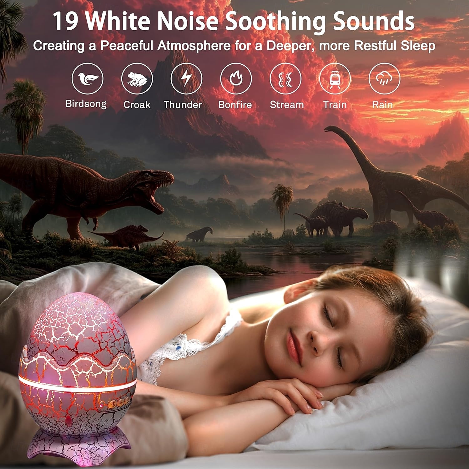 Проектор звездного неба в виде яйца динозавра с беспроводным музыкальным плеером, ночник с белым шумом, туманностью и таймером. &пульт дистанционного управления — лучший подарок &Декор для детской и 2026 - $50.99 –P5