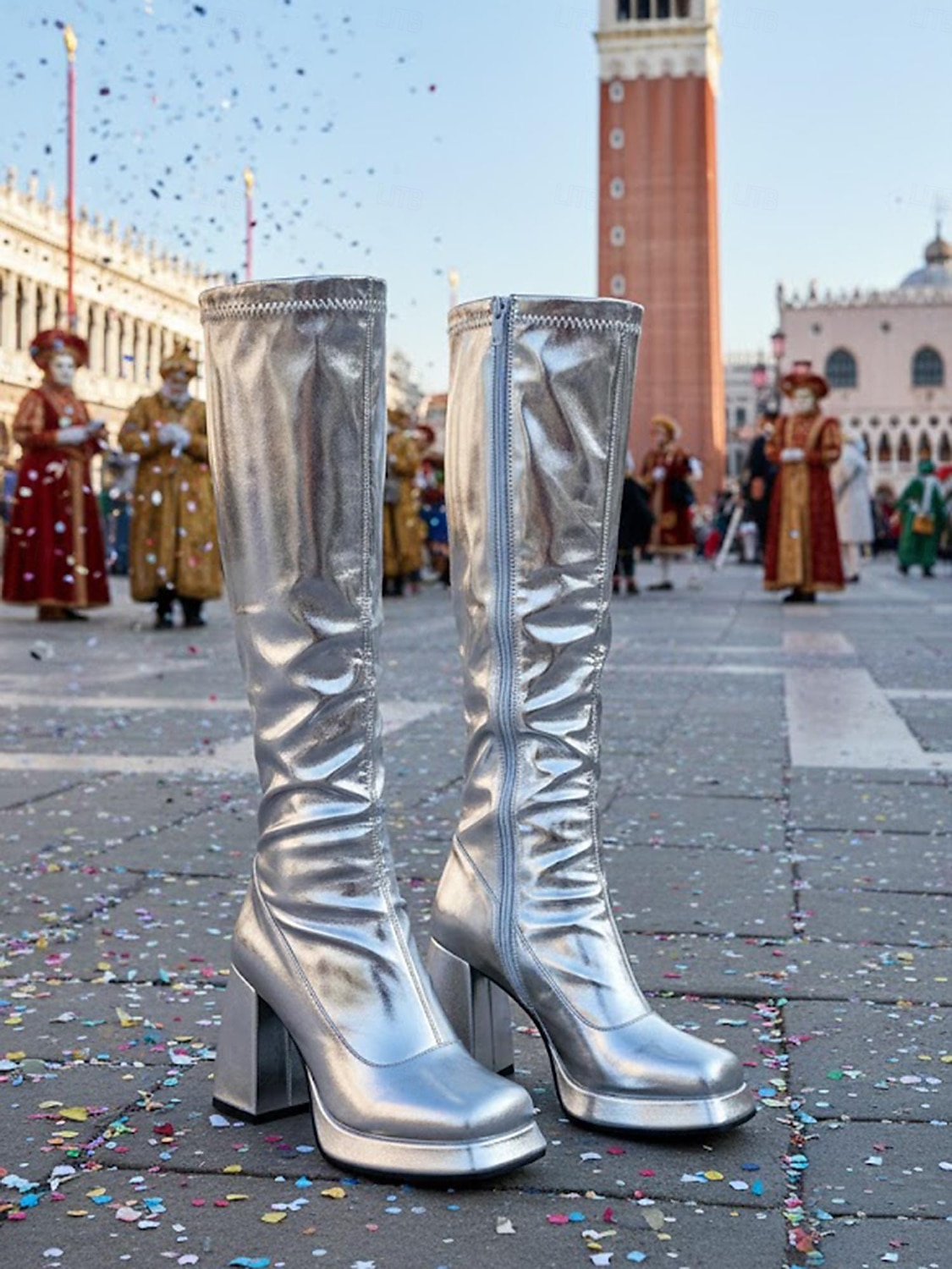 Bottes métalliques argentées jusqu'aux genoux avec talon bloc pour femmes Mardi Gras – Style rétro années 70 pour carnaval fêtes et événements costumés de 2026 ? $79.99 –P5