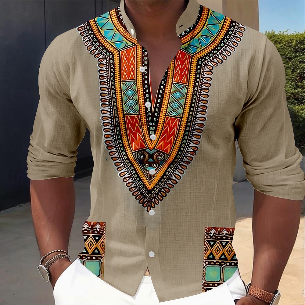 Homens Estampa Geométrica Étnico Cultura indiana Camisa Social camisa de botão Camisa de gola alta Manga Longa Vintage retrô Diário Ao ar livre Férias Primavera Outono Colarinho Mandarim Faixa de 2026 por $27.99 –P1