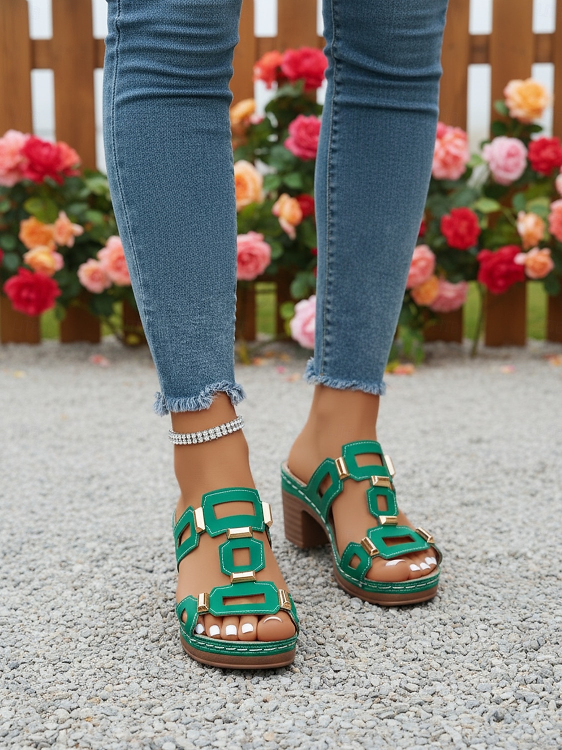 Női zöld blokk sarkú, hétköznapi szandál, tartást adó, párnázott talpbetéttel, stabil középsarkú kialakítással mindennapi viseletre, városi sétákra, utazásra és társasági eseményekre. 2026 - $26.99 –P4