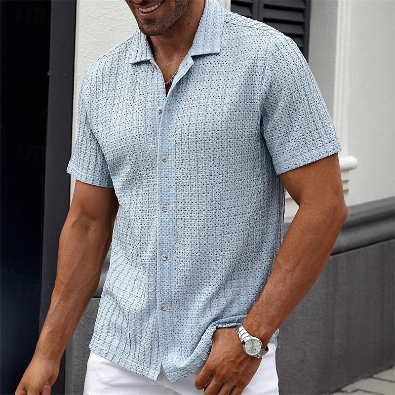 Муж. Рубашка Повседневная рубашка Кнопка рубашка Черный Белый Зеленый Хаки Светло-синий С короткими рукавами Полотняное плетение кубинский воротник Повседневные Уличная одежда Жаккард Одежда 2026 - $18.99 –P1