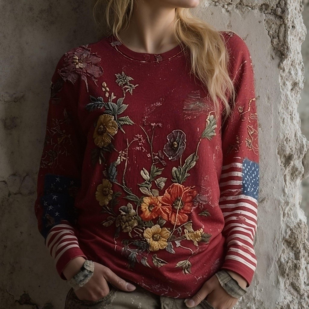 2026年 独立記念日愛国的な女性用Tシャツ グラフィック フラッグ ビンテージ スタイリッシュ クラシック 長袖 クルーネック レギュラー トップス 日常着 週末プリント 赤 夏 春 秋 冬  コレクション – $24.99 –P1