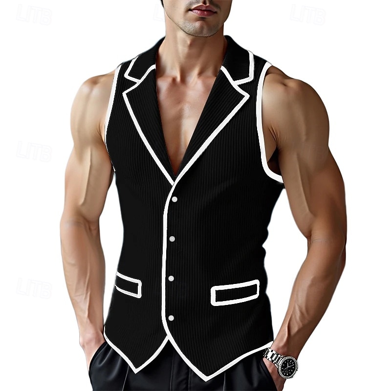 Hombre Camiseta sin mangas Camisa de Pana Camisa sin mangas Sin Mangas Cuello Barco Verano Primavera Bloque de color Tira de pozo Moda Design Músculo Botón frontal Exterior Noche Blanco Camiseta 2026 - $26.99 –P9