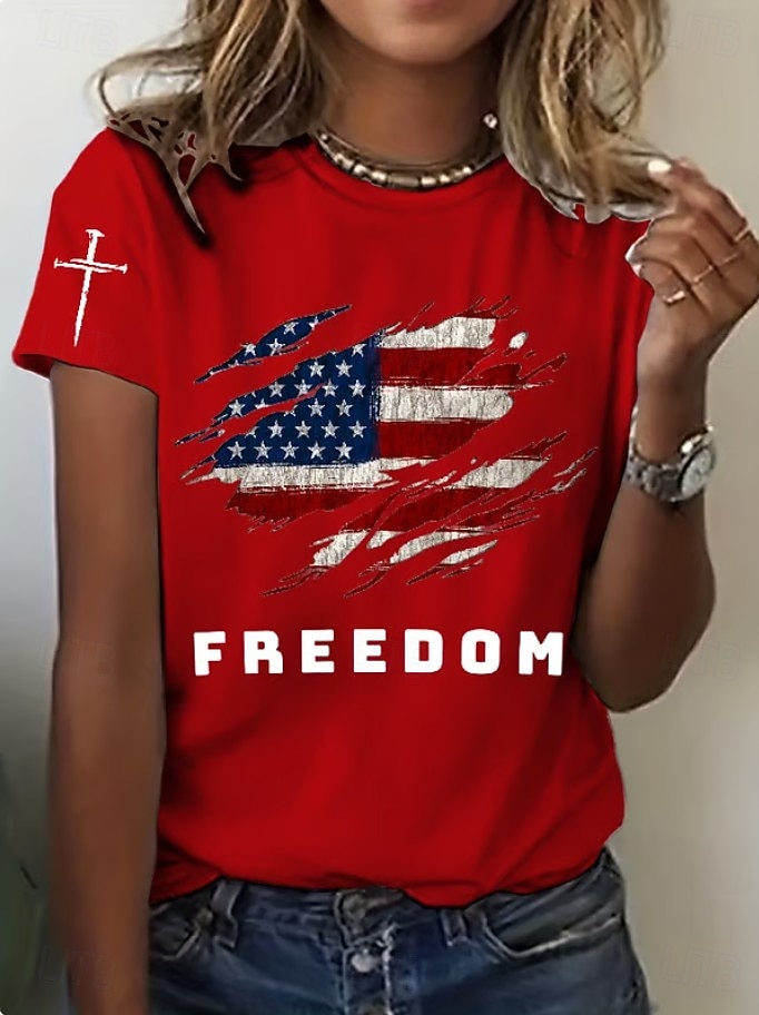Independensdagen Patriotiska Kvinnor T-shirt Grafisk Flagga Flagga Vintage Stylistisk Klassisk Kortärmad Crew Neck Rund Hals Reguära Toppar Dagligen Helg Tryck Blå Svart Vit Röd Grå Sommar Vår 2026 - $22.99 –P5