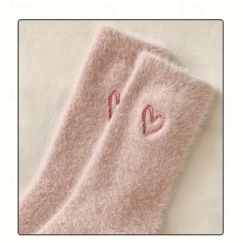 5 perechi de sosete din fleece coralin femei – sosete calde groase până la jumătatea gambei pentru iarnă cu broderie în formă de inimă sosete confortabile pentru acasă alegere de cadou pentru vreme 2026 - $13.99 –P5