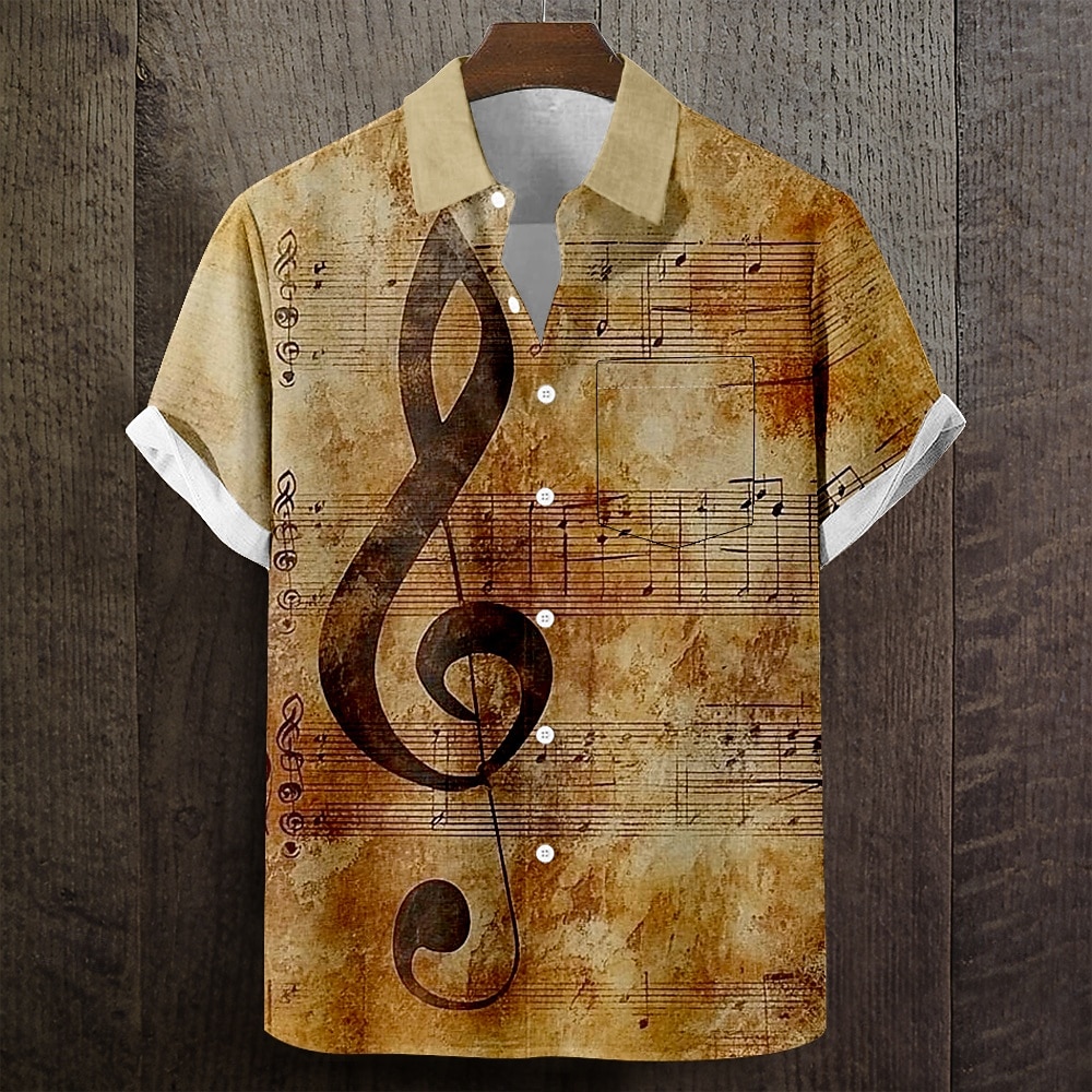 Men's Musical Notes Distressed Print Shirt Summer Shirt Button Up Shirt Short Sleeve Vintage Retro Music Festival Holiday Summer Turndown 3D Print Front One Pocket Linen Like Shirt Blue Green Khaki 2026 - $25.99 –P1