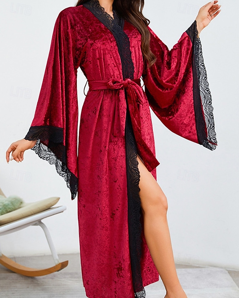 Women's Robe Casual Soft Satin Pure Color Lace Patchwork Daily Home Bed Long Sleeve V Neck Black White Wine Summer Spring Loose Fit 2026 - E£2245.39 –P3