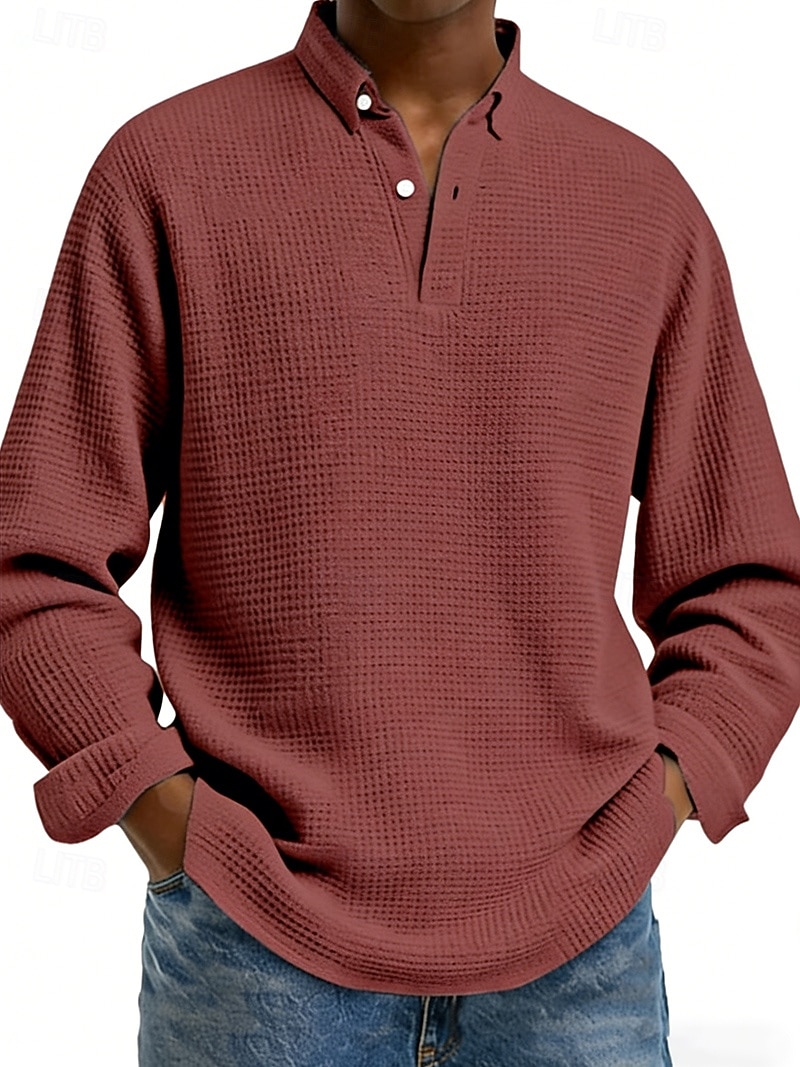 Hombre Camisetas polo con diseño de gofre Camisetas polo Casual Calle Diseño Manga Larga Básico Moderno Plano Botones Primavera Otoño Ajuste regular Negro Blanco Rojo Azul Marino Albaricoque 2026 - $29.99 –P5